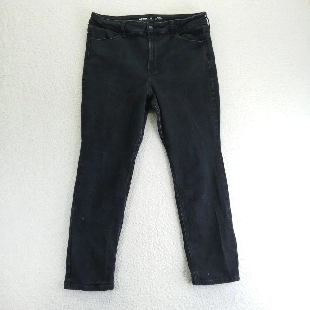 Old Navy Womens Black High Rise Wow Straight Jeans Size 14 Short Stretch Denim